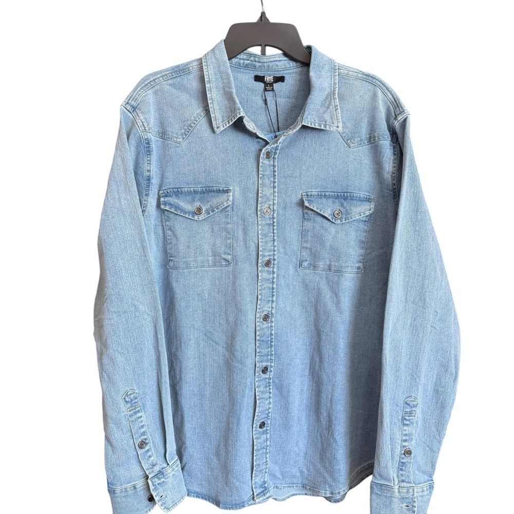 NWT Frye Light Blue Denim Casual Button Down 100% Cotton Shirt Size Large